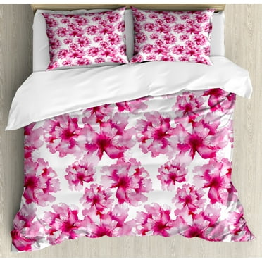 Watercolor Duvet Cover Set King Size, Abstract Floral Arrangement Peonies Pattern Botany Themed and Nature Inspired, Decorative 3 Piece Bedding Set with 2 Pillow Shams, Pink Magenta, by Ambesonne