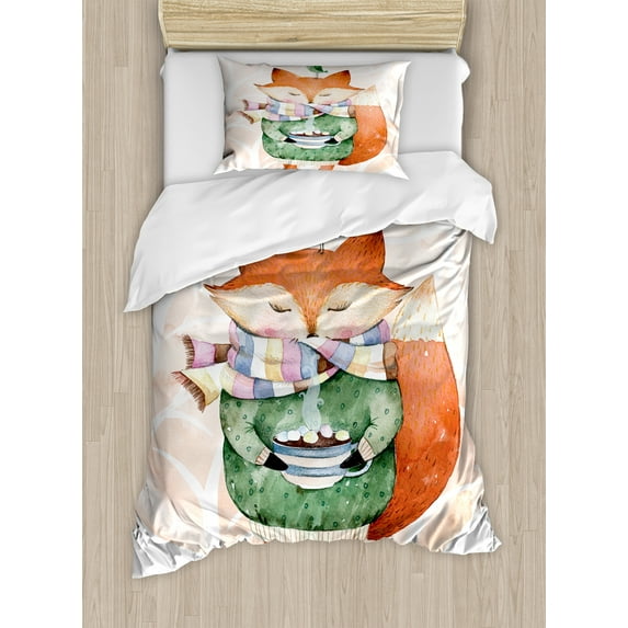 Watercolor Duvet Cover Set, Little Fox Wants to Drink Coffee with Its Bird Friend, Decorative 2 Piece Bedding Set with 1 Pillow Shams, Twin Size, Jade Green Pale Pink, by Ambesonne