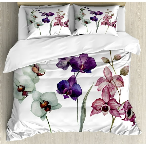 Watercolor Duvet Cover Set, Orchids 3 Colors Blooming Flourishing Environment Theme, Decorative 3 Piece Bedding Set with 2 Pillow Shams, Queen Size, Cream Violet Dried Rose, by Ambesonne