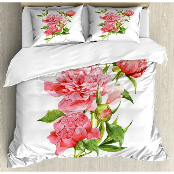 Watercolor Duvet Cover Set, Pink Peonies with Strong Green Leaves Ecology Flourish Nature Inspired Bouquet, Decorative 3 Piece Bedding Set with 2 Pillow Shams, Calking Size, Pink Green, by Ambesonne