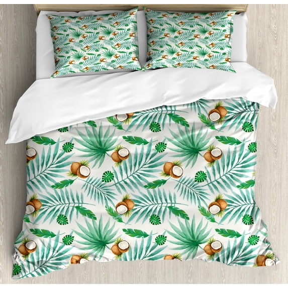 Watercolor Duvet Cover Set Queen Size, Coconut Fruit Exotic Nature Palm Tree Leaves Aloha Hawaii Polynesian Food, Decorative 3 Piece Bedding Set with 2 Pillow Shams, Green Pale Brown, by Ambesonne