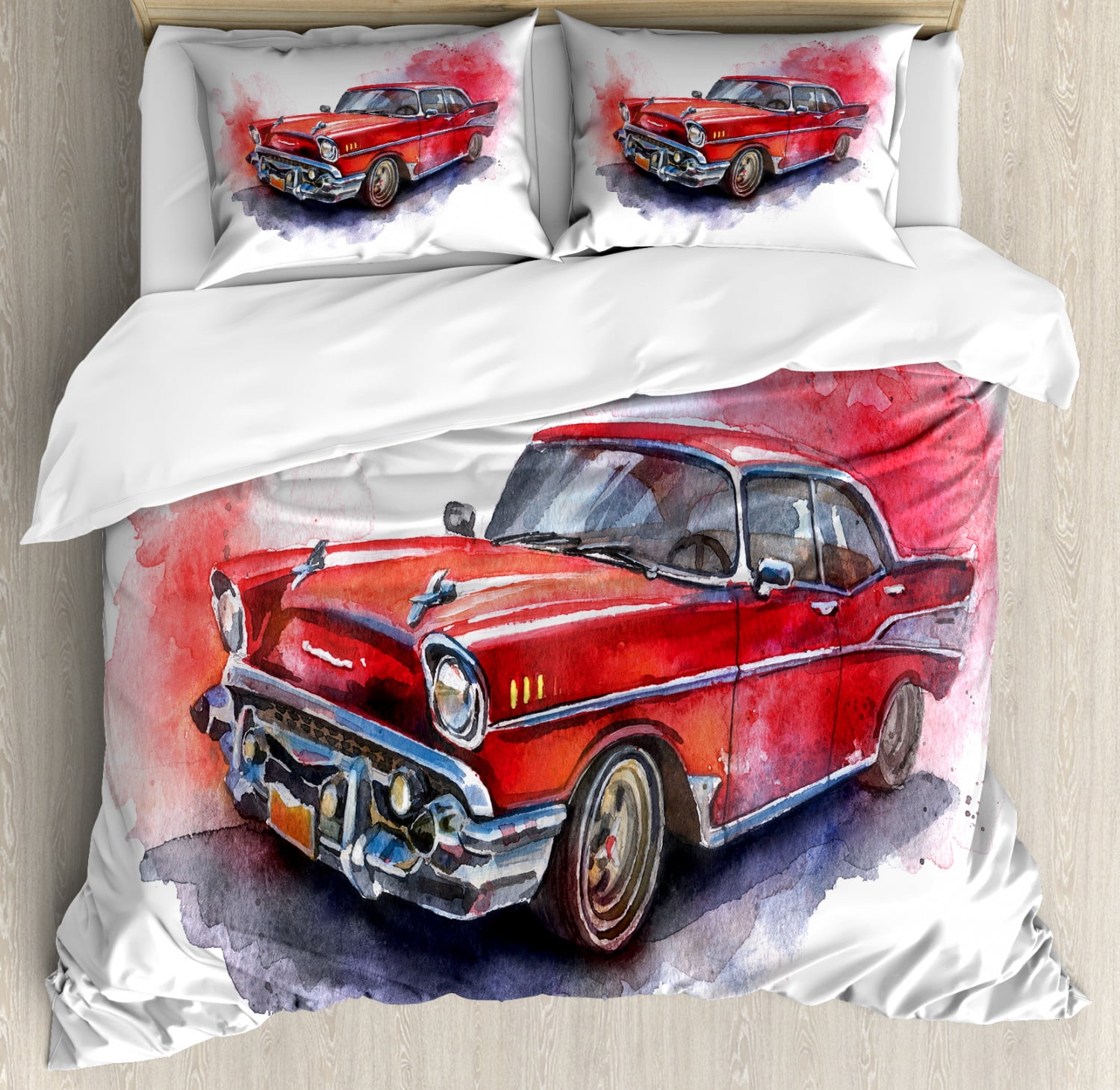 Watercolor Duvet Cover Set Queen Size, Hand Drawn Old Fashioned Car Antique Vehicle Retro