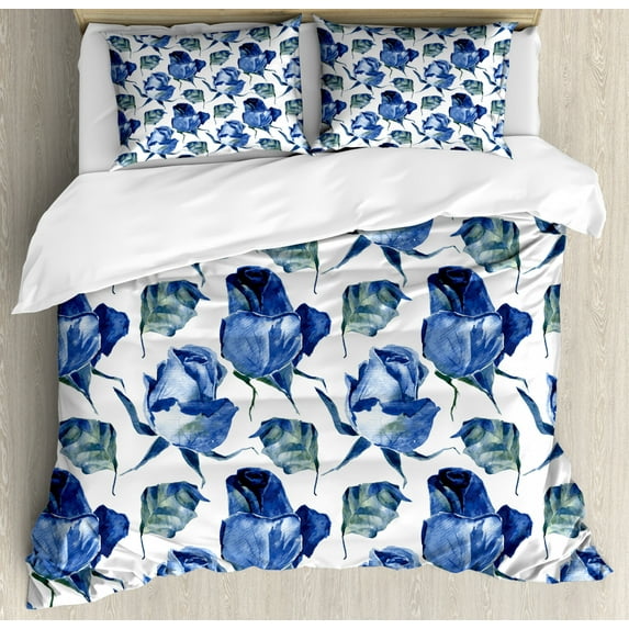 Watercolor Duvet Cover Set Queen Size, Hand Drawn Roses and Leaves Abstract Floral Blooming Nature Theme, Decorative 3 Piece Bedding Set with 2 Pillow Shams, Violet Blue Slate Blue, by Ambesonne