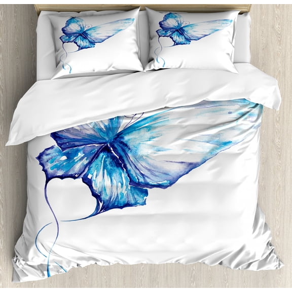Watercolor Duvet Cover Set Queen Size, Hand Drawn Style Blue Butterfly Nature Inspired Art Brush Strokes in Soft Colors, Decorative 3 Piece Bedding Set with 2 Pillow Shams, Blue White, by Ambesonne
