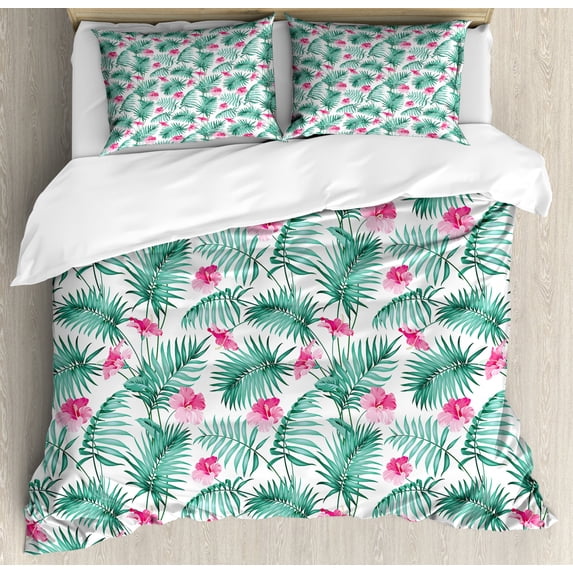 Watercolor Duvet Cover Set Queen Size, Tropical Ferns with Flowers Exotic Hawaii Floral Arrangement Blossoming Nature, Decorative 3 Piece Bedding Set with 2 Pillow Shams, Seafoam Pink, by Ambesonne