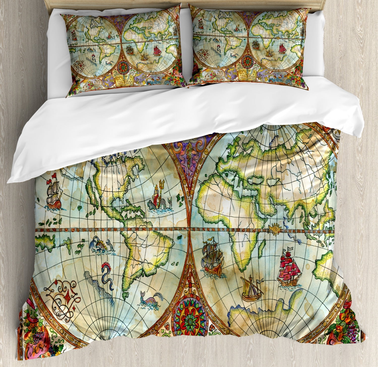 Watercolor Duvet Cover Set Queen Size, Vintage World Map Antique Grunge ...