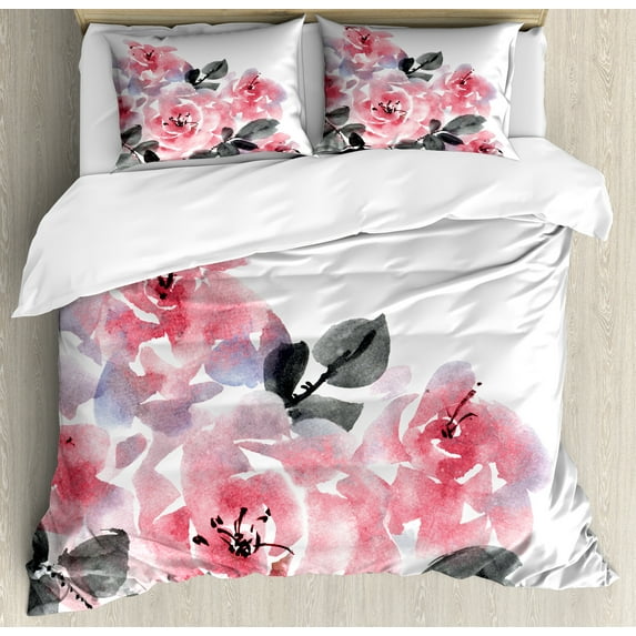 Watercolor Duvet Cover Set, Roses in Abstract Pastel Design, Decorative 3 Piece Bedding Set with 2 Pillow Shams, Queen Size, Pink Grey, by Ambesonne