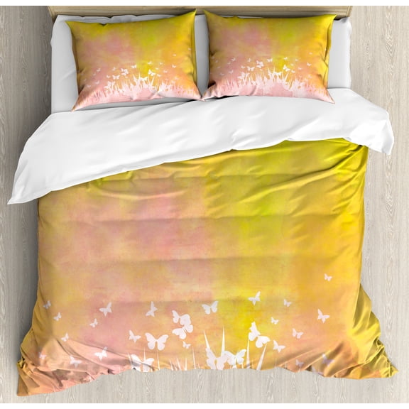 Watercolor Duvet Cover Set, Spring Meadow with Silhouette of Flower Grass and Butterfly Art, Decorative 3 Piece Bedding Set with 2 Pillow Shams, Queen Size, Earth Yellow Pale Pink, by Ambesonne