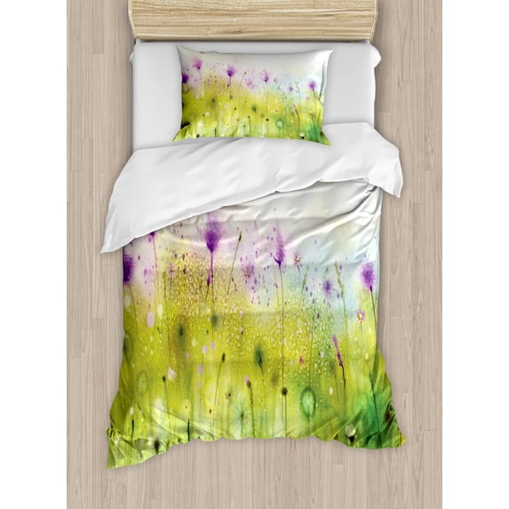 Watercolor Duvet Cover Set Twin Size, Abstract Blurred View of Purple Cosmos Flowers Blooming Meadow, Decorative 2 Piece Bedding Set with 1 Pillow Sham, Purple Apple Green White, by Ambesonne
