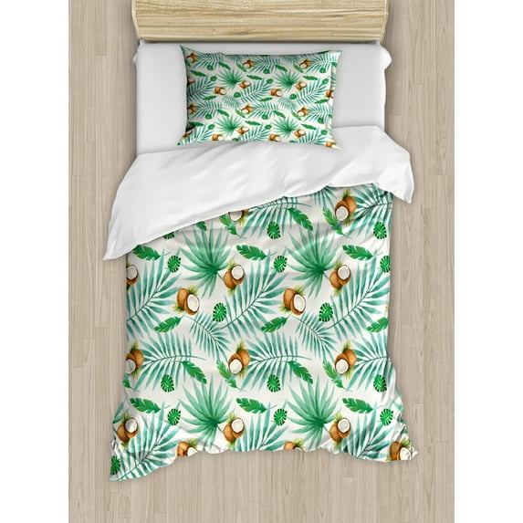 Watercolor Duvet Cover Set Twin Size, Coconut Fruit Exotic Nature Palm Tree Leaves Aloha Hawaii Polynesian Food, Decorative 2 Piece Bedding Set with 1 Pillow Sham, Green Pale Brown, by Ambesonne