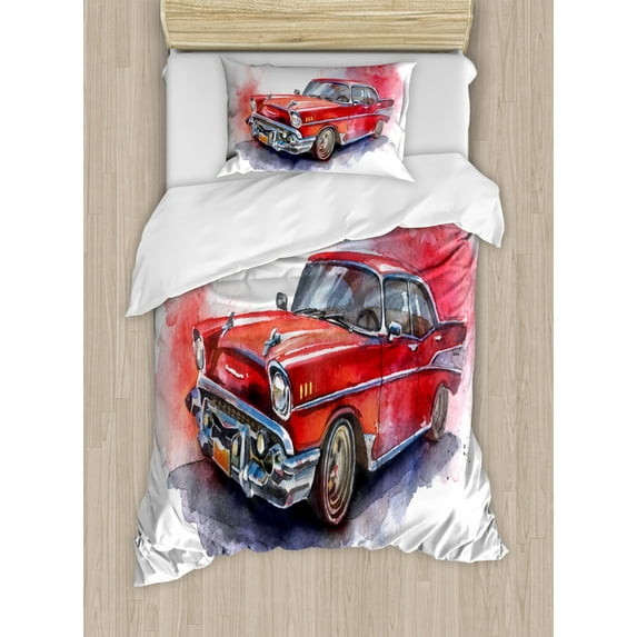 Watercolor Duvet Cover Set Twin Size, Hand Drawn Old Fashioned Car Antique Vehicle Retro Outdated Abstract Artwork, Decorative 2 Piece Bedding Set with 1 Pillow Sham, Red Dimgrey, by Ambesonne