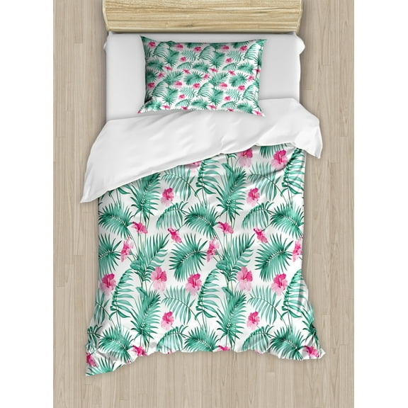 Watercolor Duvet Cover Set Twin Size, Tropical Ferns with Flowers Exotic Hawaii Floral Arrangement Blossoming Nature, Decorative 2 Piece Bedding Set with 1 Pillow Sham, Seafoam Pink, by Ambesonne