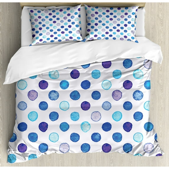 Watercolor Duvet Cover Set, Vintage Polka Dots Motif with Different Shades on Blue Tones Soft Funky Art, Decorative 3 Piece Bedding Set with 2 Pillow Shams, Queen Size, Multicolor, by Ambesonne