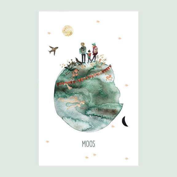 Watercolor Earth Illustration Card – “Moos” Design with Family Silhouette – Blank Inside with Envelope – Perfect for Greeting, Thanks, or Friendship Cards