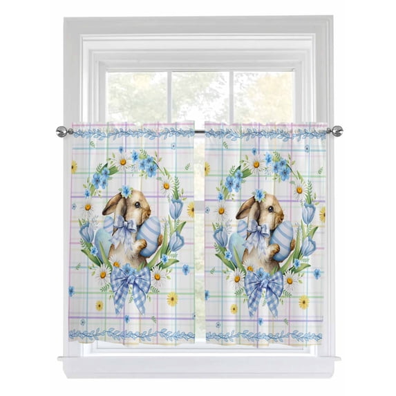 Watercolor Easter Bathroom Window Curtain, Cute Rabbits Flower Wreath Eggs Bow Plaid Light Filtering Coffee Kitchen Curtains, Bedroom Living Room Curtains 2 Panel 84"x45"