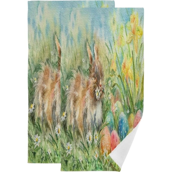 Watercolor Easter Bunny and Easter Eggs on Green Grass Hand Towels, Kitchen Towel Ultra Soft and Absorbent,Decorative Fingertip Face Towel for Bathroom Hotel, 2 PCS, 28.3"x 14.4"