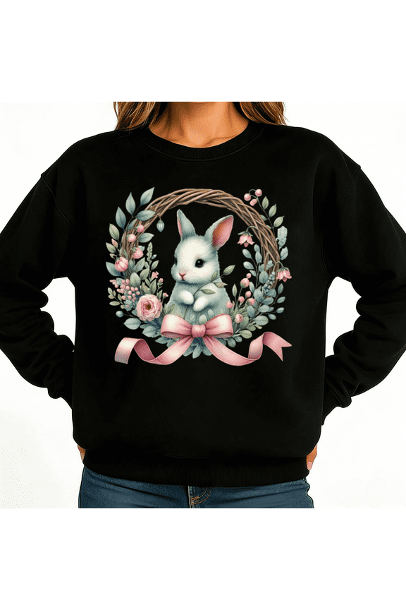 Watercolor Easter Bunny Floral Wreath Womans Print Sweatshirt Graphic Sweatshirt Black White S-3XL Holiday Casual Tops