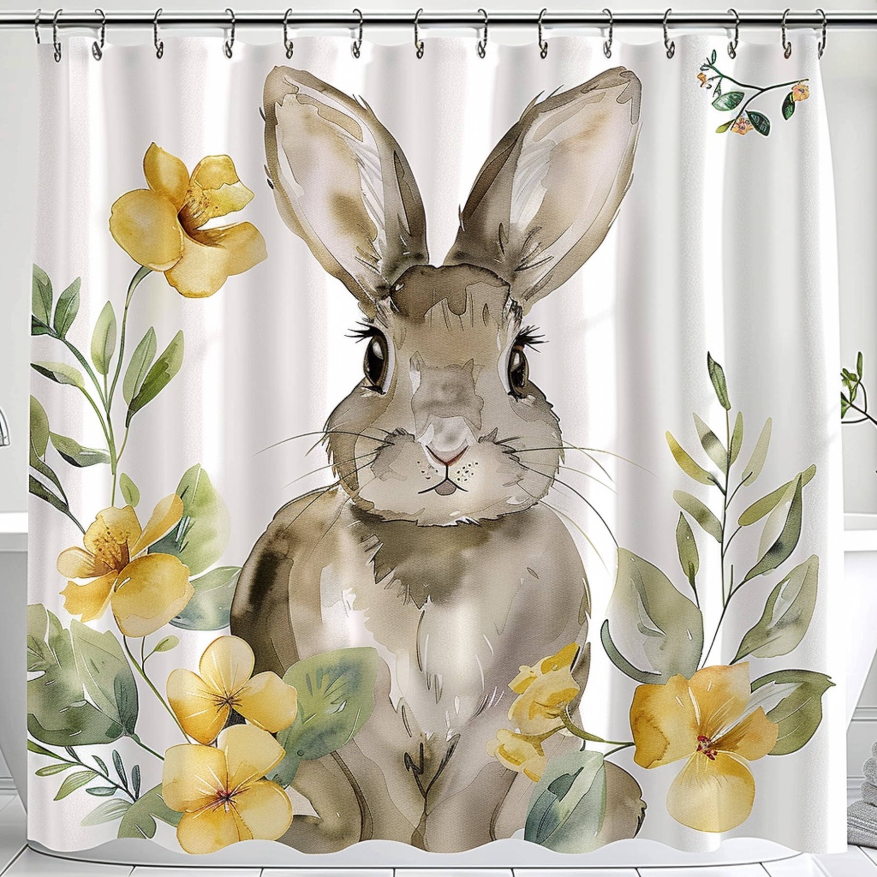 Watercolor Easter Bunny Shower Curtain with Yellow Flowers & Green ...