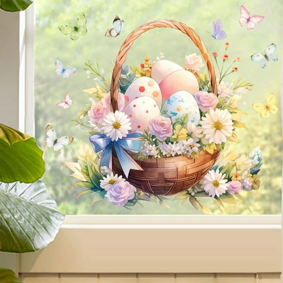 Watercolor Easter Egg Daisy Basket Wall Decals, Removable Glass Door & Window Stickers, Spring Floral Easter Clings for Living Room, Watercolor Easter Home Decor, Multicolor, 11.8*11.8in