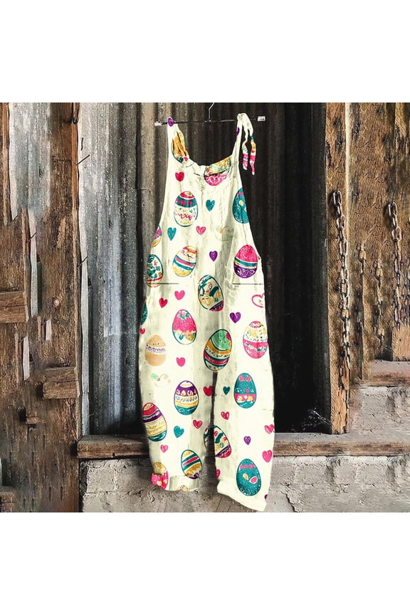Watercolor Easter Egg Graphic Overalls for Women Bohemian Print Jumpsuit Wide Leg Baggy Rompers Adjustable Straps Relaxed Fit Vacationwear