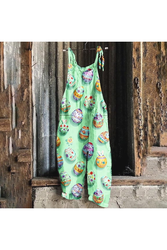 Watercolor Easter Egg Graphic Overalls for Women Bohemian Print Jumpsuit Wide Leg Baggy Rompers Adjustable Straps Relaxed Fit Vacationwear