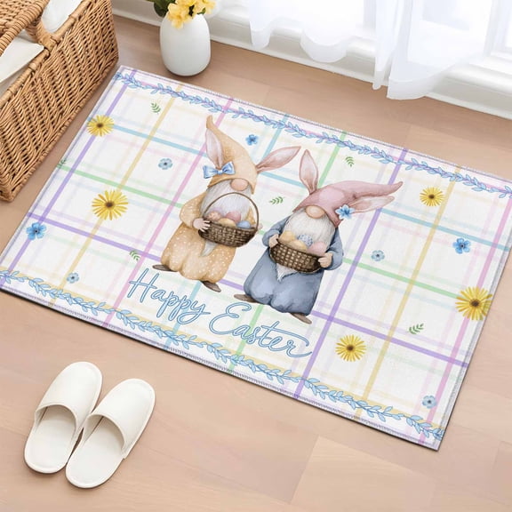 Watercolor Easter Entryway Rug 2'x3' Non Slip Front Door Mats, Cute Gnomes Eggs Flowers Colorful Grid Entrance Rugs Indoor Outdoor Carpet, Washable Floor Mats Small Area Rug for Bedroom Kitchen