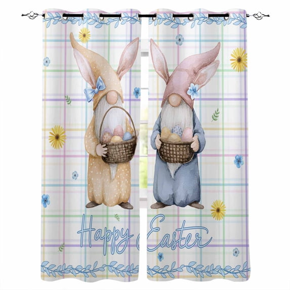 Watercolor Easter Kitchen Curtains Cute Gnomes Eggs Flowers Colorful Grid Cafe Short Curtains for Bathroom Blackout Window Curtain Small Window Treatment Drapes for Bedroom Living Room 42"x45"x2