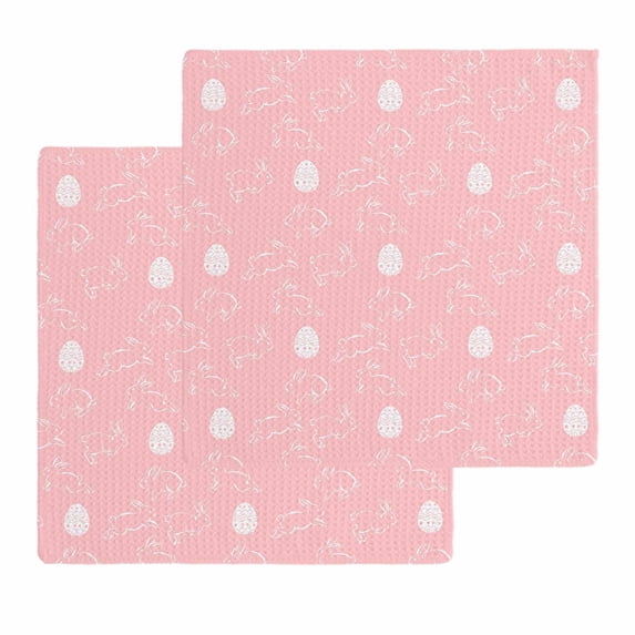 Watercolor Easter Kitchen Dish Towels for Drying Dishes Set of 2, Cute Rabbits Eggs Cartoon Pink Waffle Weave Microfiber Hand Tea Bathroom Towels Quick Dry & Absorbent Towel 12x12