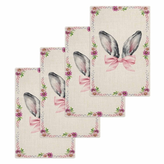 Watercolor Easter Kitchen Dish Towels for Drying Dishes Set of 4, Cute Rabbits Ears Flowers Bow Spring Beige Waffle Weave Microfiber Hand Tea Bathroom Towels Quick Dry & Absorbent Towel 15.7x23.6