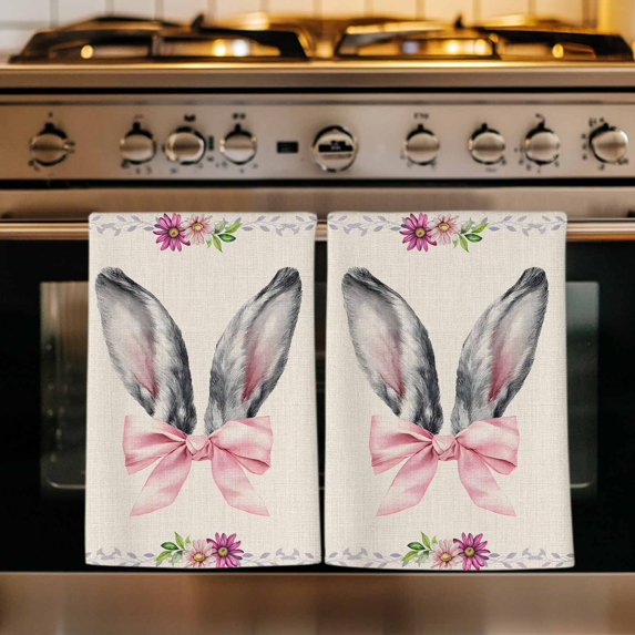 Watercolor Easter Kitchen Towels Set of 1, Cute Rabbits Ears Flowers Bow Spring Beige Absorbent Dish Towels for Kitchen, Microfiber Hand Towel, Quick Drying Tea Towel for Cleaning Dishcloths
