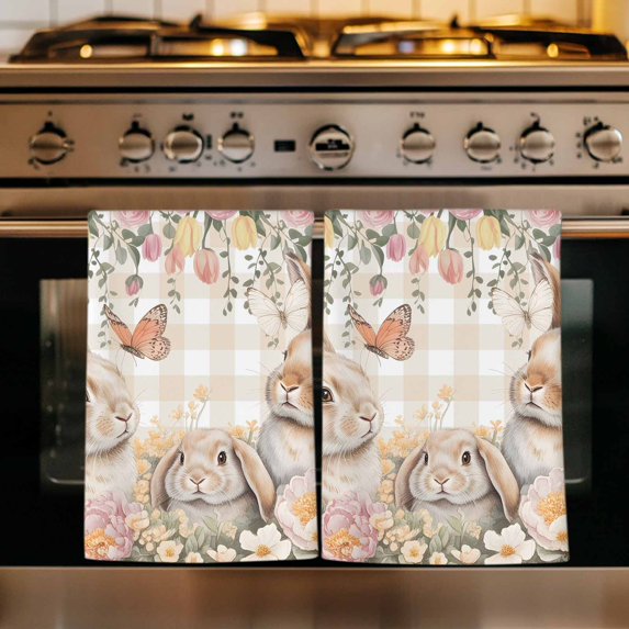 Watercolor Easter Kitchen Towels Set of 1, Cute Rabbits Flowers Butterfly Orange Plaid Absorbent Dish Towels for Kitchen, Microfiber Hand Towel, Quick Drying Tea Towel for Cleaning Dishcloths