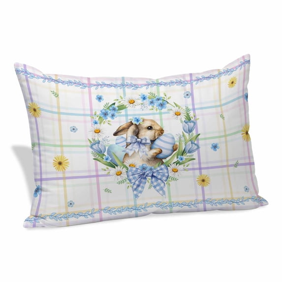 Watercolor Easter Pillow Covers, Linen Long Throw Pillow Case, Cute Rabbits Flower Wreath Eggs Bow Plaid Holiday Pillow Protector Decorative Cushion Cover for Living Room/Bedroom 12" x 20"