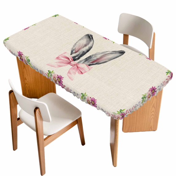 Watercolor Easter Table Cloths for 4 Foot Rectangle Tables, Cute Rabbits Ears Flowers Bow Spring Beige Patio Waterproof Elastic Fitted Tablecloths, Washable Rectangular Table Cover for Camping