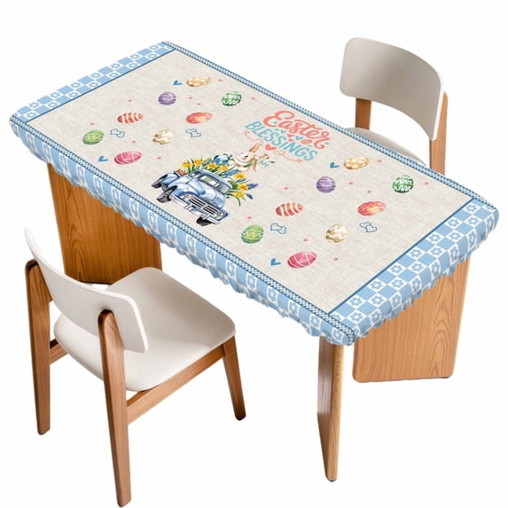 Watercolor Easter Table Cloths for 5 Foot Rectangle Tables, Spring Rabbits Truck Eggs Flowers Blue Beige Patio Waterproof Elastic Fitted Tablecloths, Washable Rectangular Table Cover for Camping
