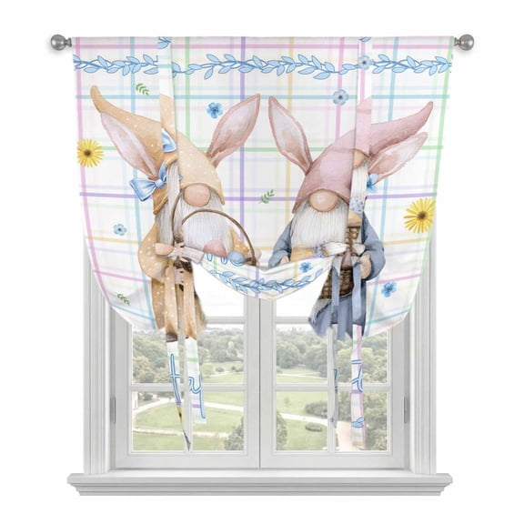 Watercolor Easter Tie Up Curtains 45 Inches Long, Kitchen Window Curtains Over Sink, Cute Gnomes Eggs Flowers Colorful Grid Small Window Curtains Shade Balloon Curtains Valances for Bedroom 34"x45"