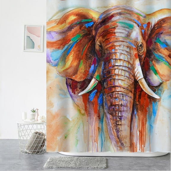 Watercolor Elephant Painting Bath Shower Curtain With Hooks