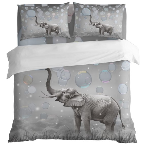 Watercolor Elephants Bubbles King Size Bed Set,Vintage Funny Animal Bedding for All Seasons,4 Pcs Bed Set with 1 Quiltcover (104"x90"),1 Sheet (108"x98"),2 Pillowcases (20"x36")