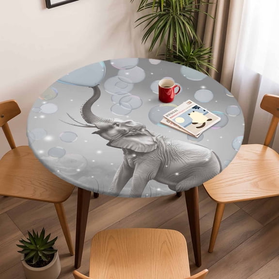 Watercolor Elephants Bubbles Round Fitted Tablecloth with Elastic Edge,Waterproof Table Cloth Fits Tables Up to 45"-54",Wipeable Washable Table Cover for Indoor Outdoor Dinning,Vintage Funny Animal