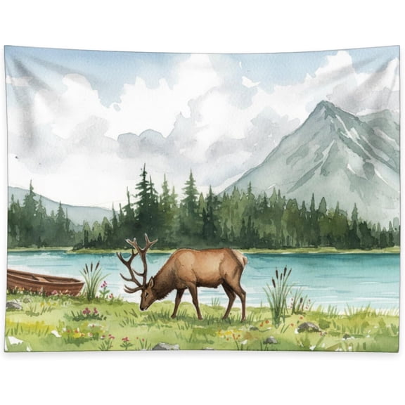 Watercolor Elk by Mountain Lake Art Tapestry Serene Wildlife Wall Hanging Nature Wilderness Inspired Home Decor Aesthetic Tapestry for Bedroom Dorm Living Room Decor 90 x 60 Inch