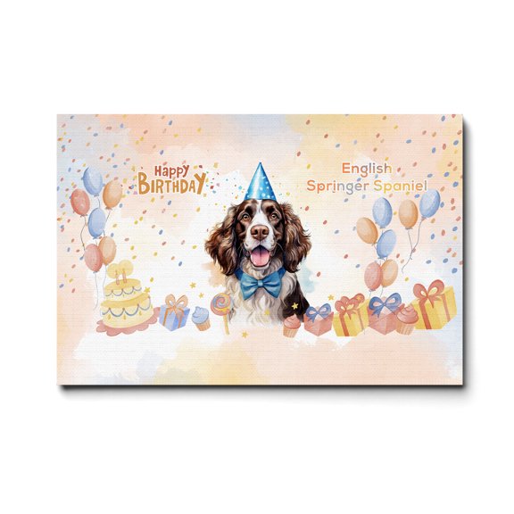 Watercolor English Springer Spaniel Happy Birthday Celebration Balloons Gift Party Horizontal Matte Canvas Poster Springers Dog Lover Gifts Wall Art Home Decor - 00028