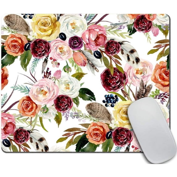 Watercolor Ethnic Boho Floral Mouse Pad Pink Vivid Flowers Rectangle Desk Decor Ideal for School Supplies, Office Accessories, and Cubicle Decor Burgundy and Pink Floral Design
