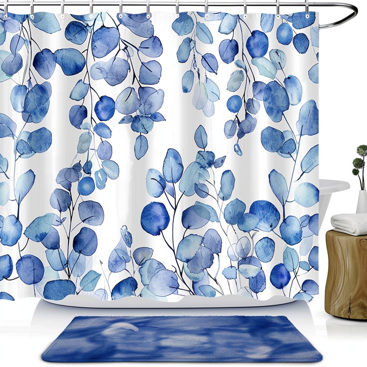 Watercolor Eucalyptus Blue Bathroom Set Shower Curtain Minimalistic ...