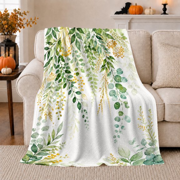 Watercolor Eucalyptus Branch Yellow Blooms, Cozy Friendship Quote Scene, Warm Flannel Blanket for Living Room and Reading Nook, Art Lovers Friendship Gift, Artistic Home Decor