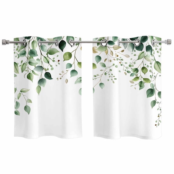 Watercolor Eucalyptus Kitchen Curtains Small Short 39 Inch Length, Sage Green Floral Plant Grommet Bedroom Living Room Curtains, Light Filtering Cafe Curtain Drapes 2 Panels Set 55''x39''