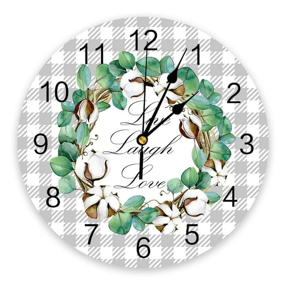 Watercolor Eucalyptus Leaf Cotton Grey Grid Wall Clock Modern Design Living Room Decoration Kitchen Silent Clock Home Decor
