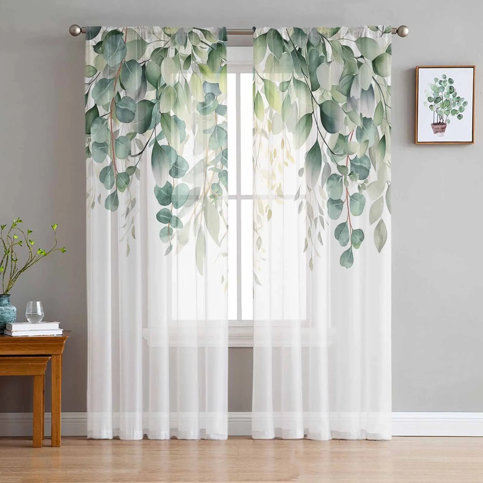 Watercolor Eucalyptus Leaf Plants And Green Flowers Tulle Drapes Living 