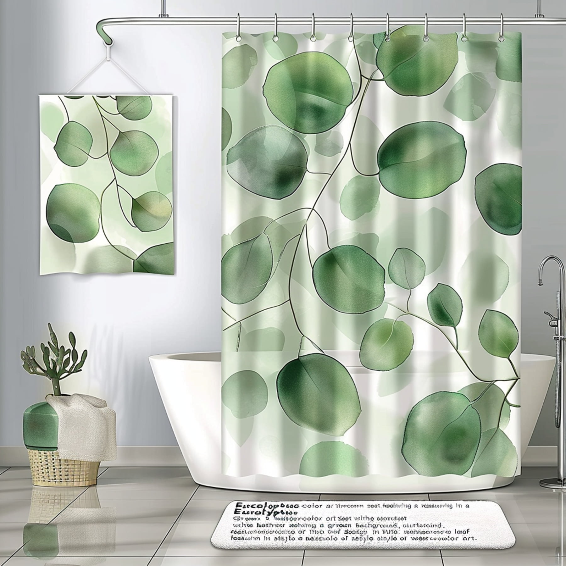 Watercolor Eucalyptus Leaf Shower Curtain Set Green Botanical Bathroom ...