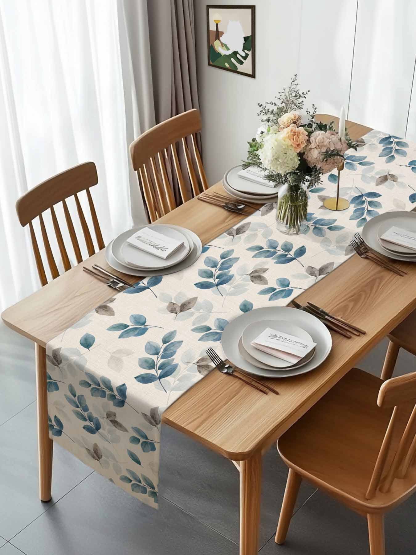 Watercolor Eucalyptus Leaves Blue Grey Table Runner 90 Inches Long, Country Botanical Retro Linen Table Runners Tabletop Scarf Kitchen Dining Tables Decoration for Home Party Indoor Outdoor
