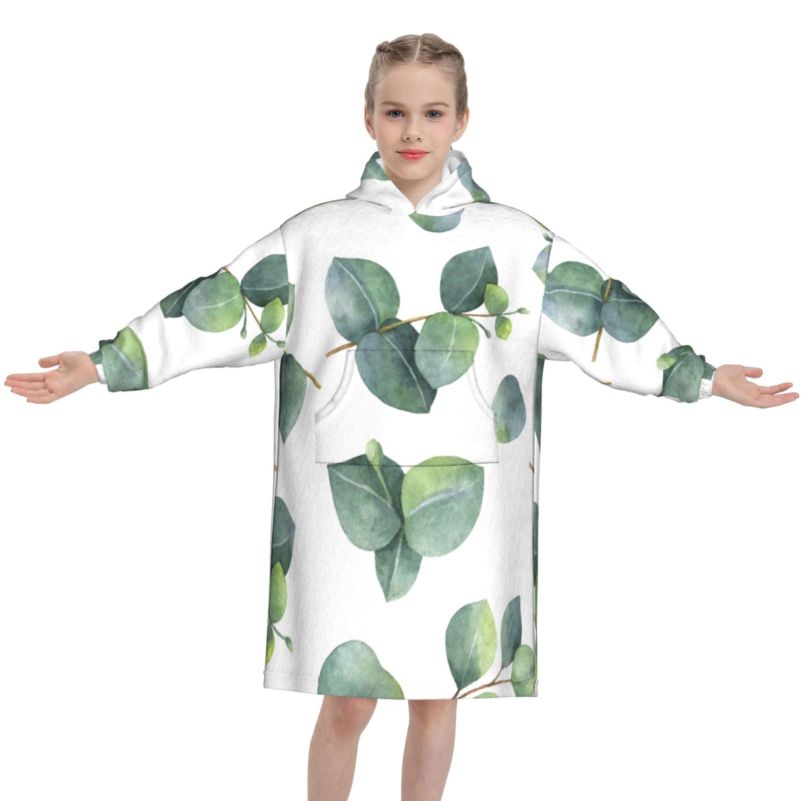 Watercolor Eucalyptus Leaves Branches Oversized Blanket Hoodie Wearable