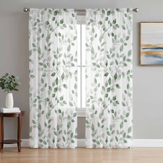 Watercolor Eucalyptus Leaves Chiffon Sheer Curtains 84 Inches Long, Vintage Spring Leaves 2 Rod Pocket Window Treatment Voile Drapes Curtains for Living Room Bedroom,2 Panels, 52x84In